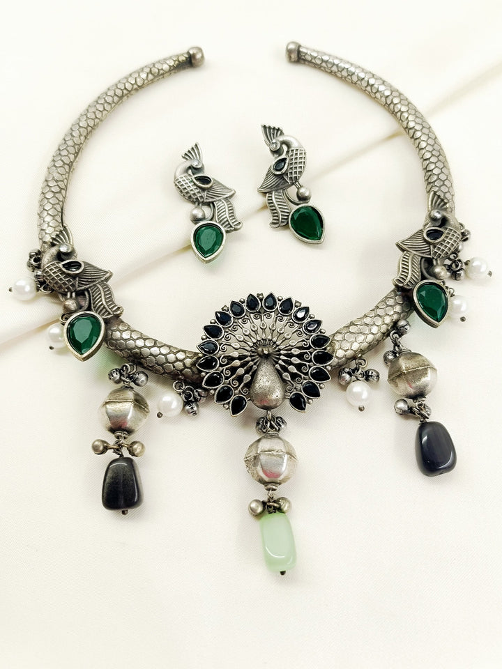 Jaanki Black Peacock Oxidized Hasli Style Necklace Set