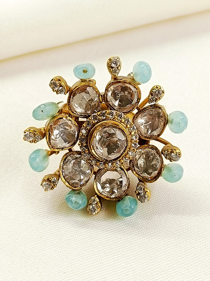 Urvashi Mint Green Kundan Finger Ring - Antique Gold Plating