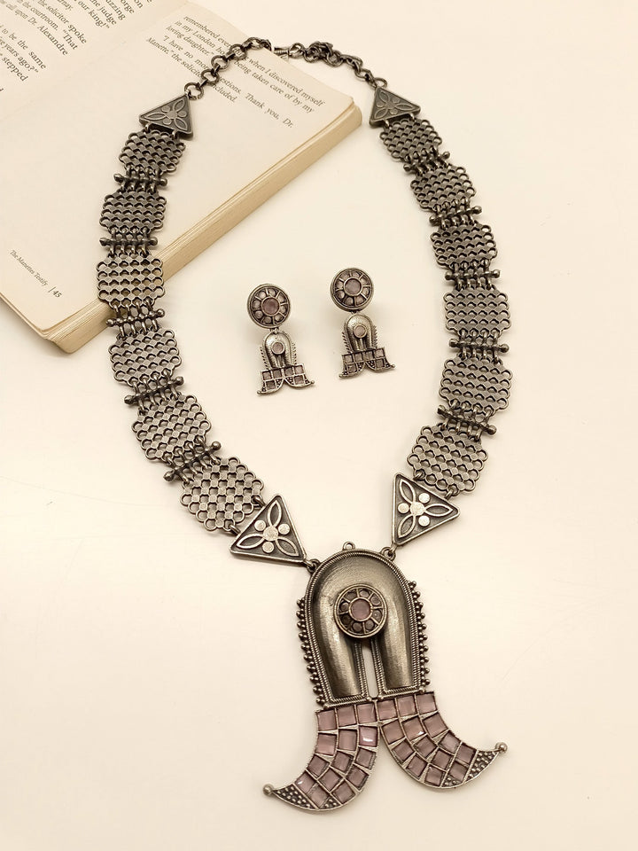 Adhira Baby Pink Long Oxidized Necklace Set