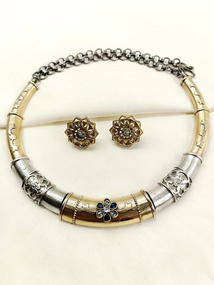 Nilima Blue Oxidized Hasli Styled Choker Set - Necklace