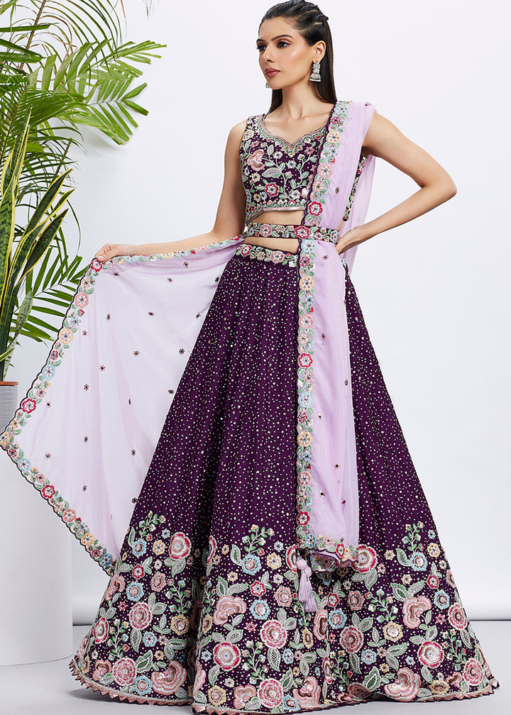 Byzantine Purple Chiffon Lehenga Choli Adorned with Sequins & Thread Embroidery