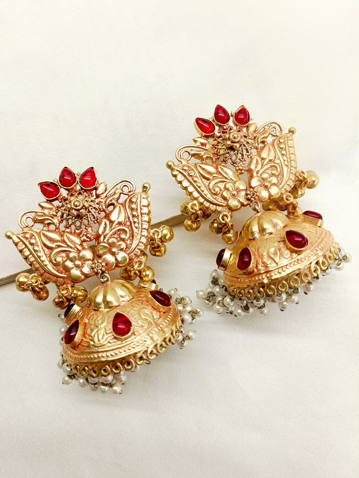 Madhulata Ruby Stone Gold Plated Antique Temple Jhumki