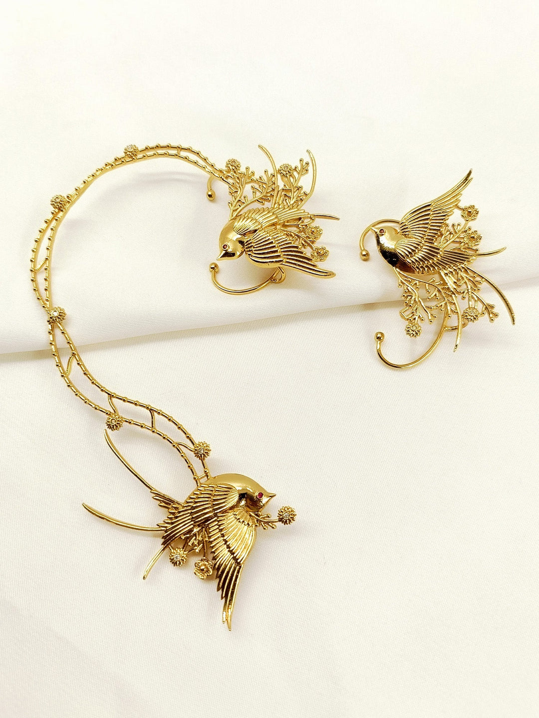 Noshin Golden Women’s Bird &amp; Floral Branch Earcuffs