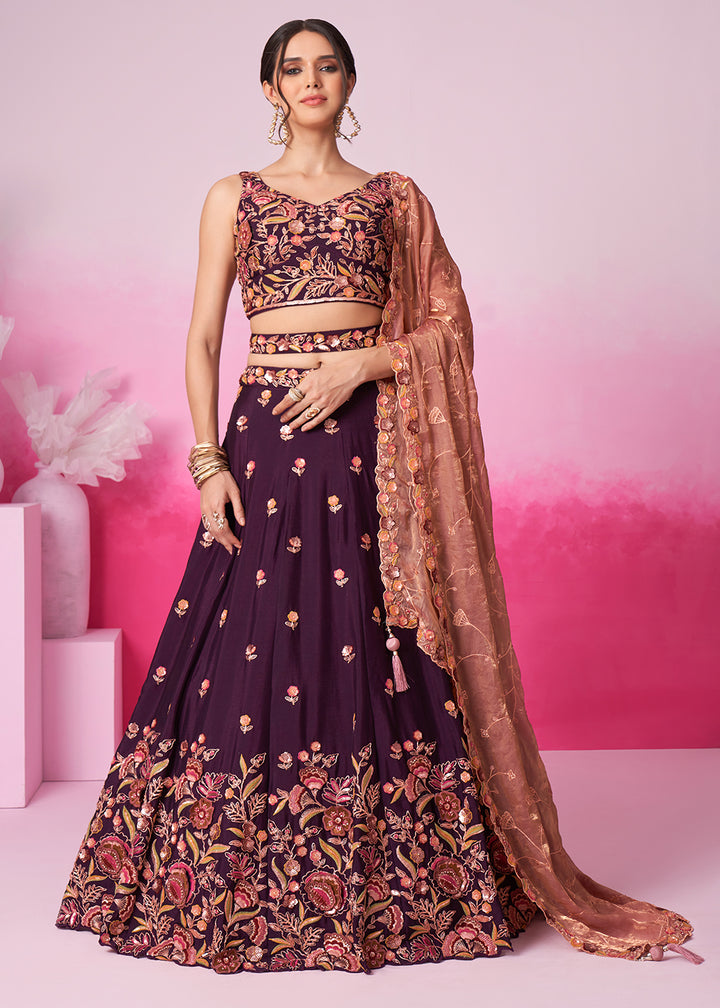 Eggplant Purple Chiffon Lehenga Choli Adorned with Sequins Embroidery Work