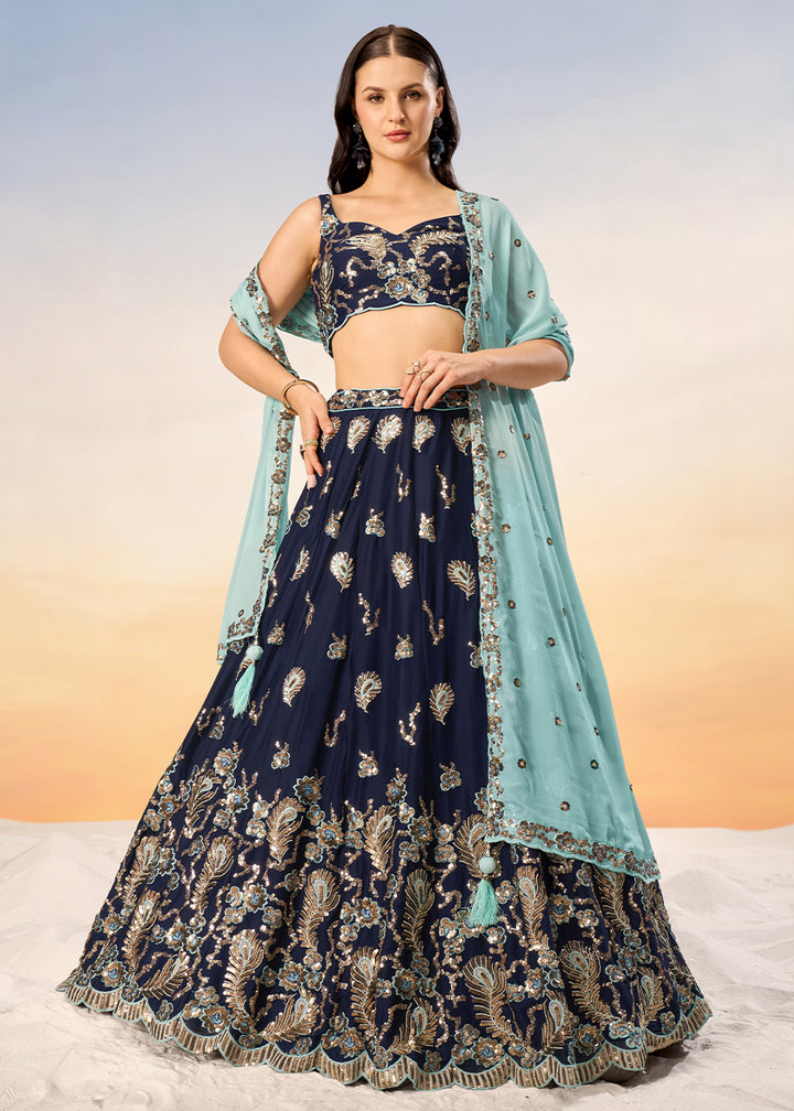 Denim Blue Georgette Lehenga Choli Adorned with Sequins Embroidery