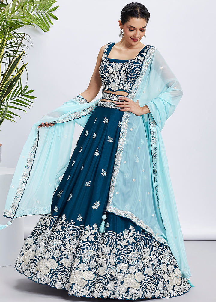 Teal Blue Georgette Lehenga Choli Adorned with Sequins & Thread Embroidery