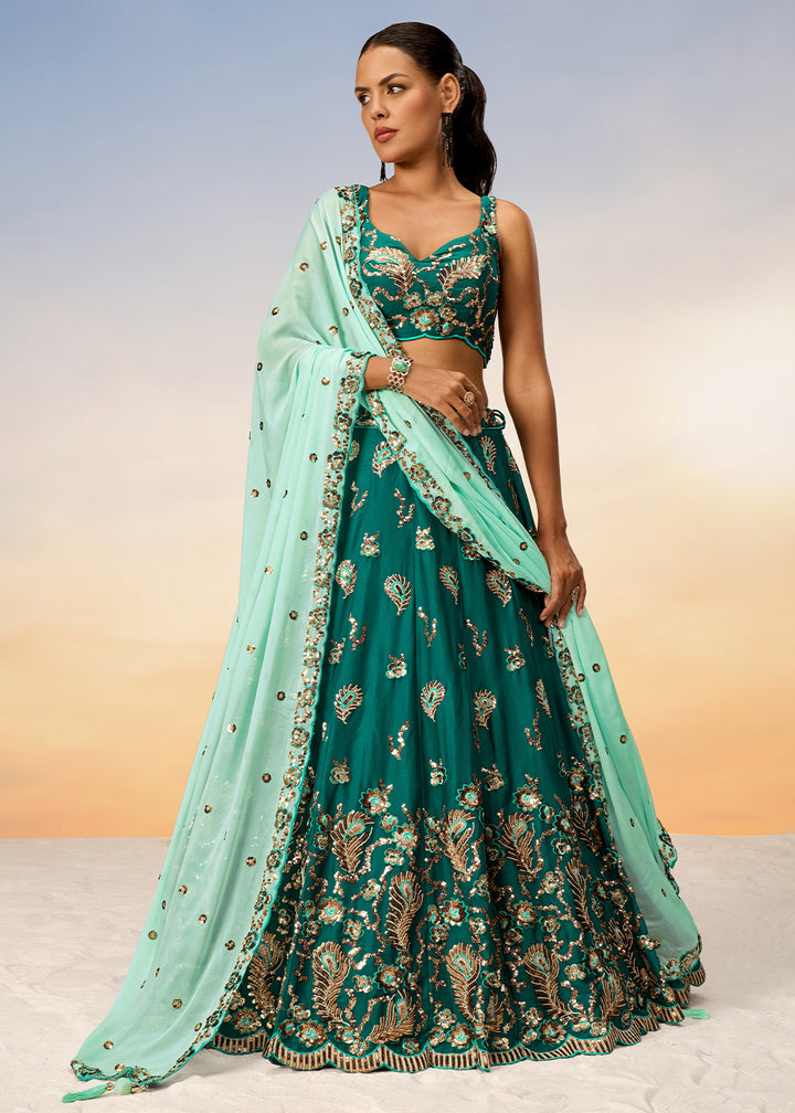 Shades Of Green Georgette Lehenga Choli Adorned with Sequins Embroidery