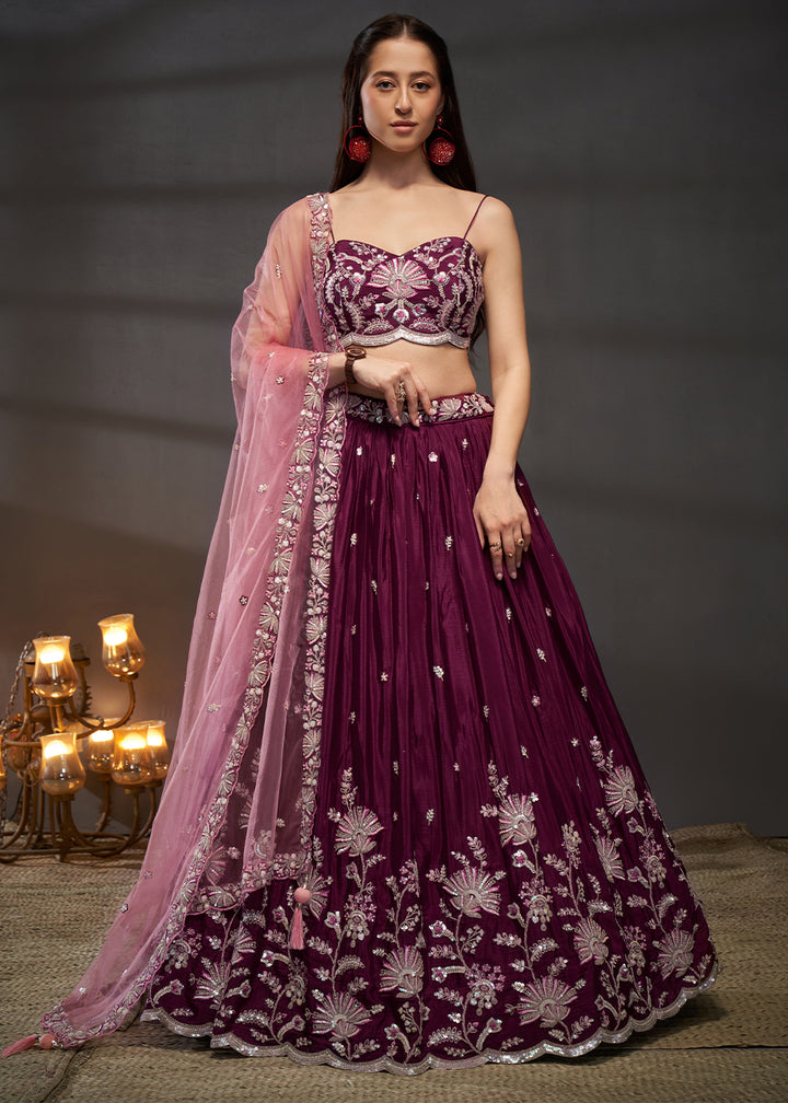 Claret Purple Chiffon Lehenga Choli Adorned with Sequins Embroidery