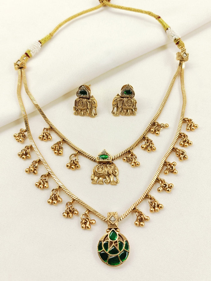 Vaanya Green Antique Doubled Layer Necklace Set