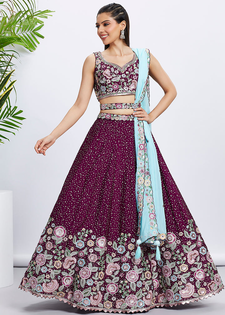 Jam Purple Chiffon Lehenga Choli Adorned with Sequins & Thread Embroidery