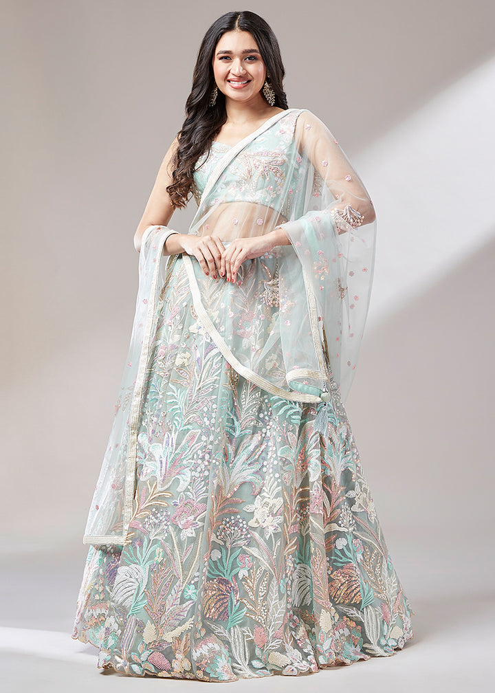 Blueish Green Net Lehenga Choli Adorned with Sequins work