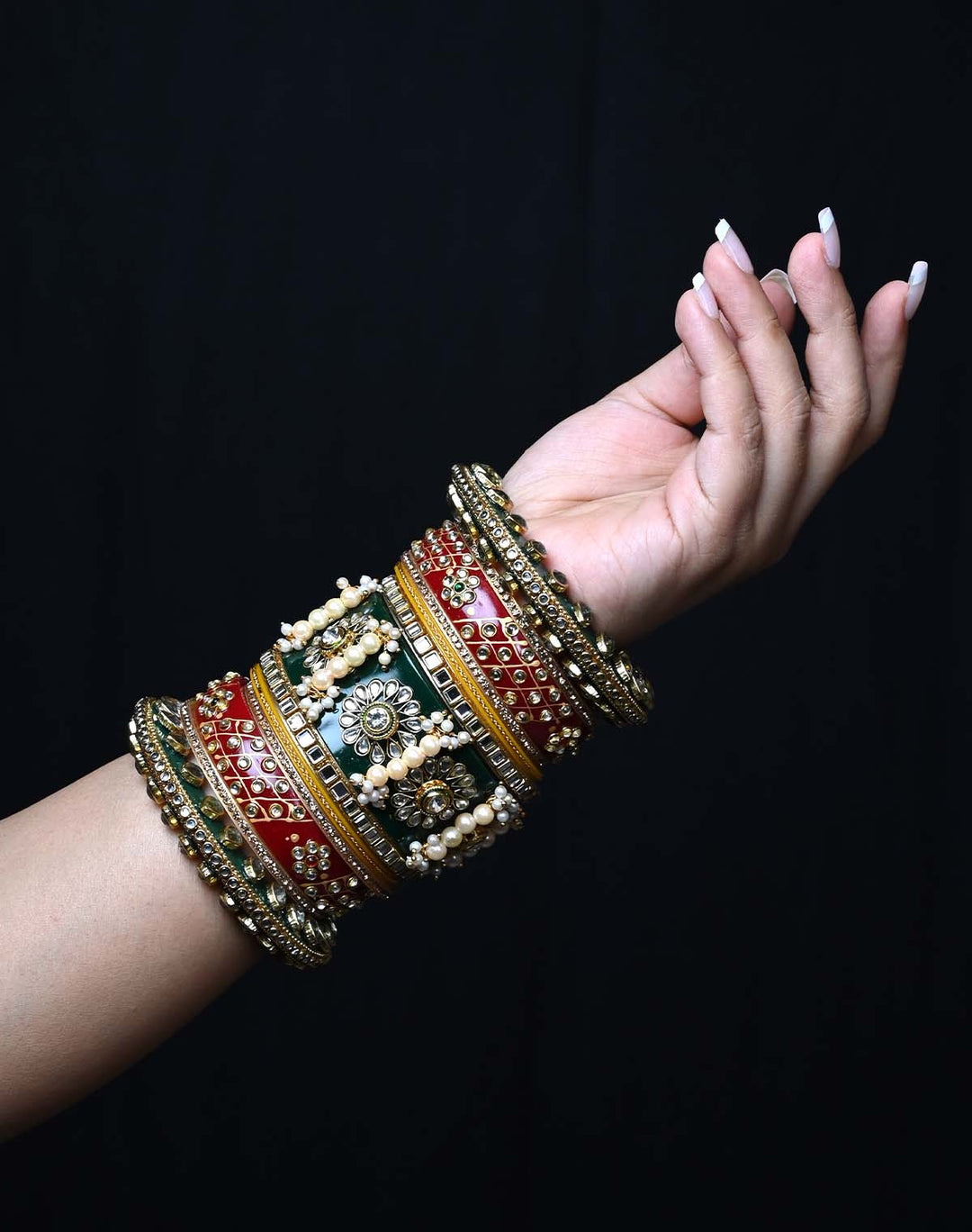 Rajeshwari Maroon & Green Kada With Kundan Work Rajputi Chura