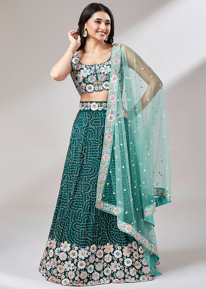 Midnight Green Georgette Lehenga Choli Highlighted with heavy Sequins Embroidery