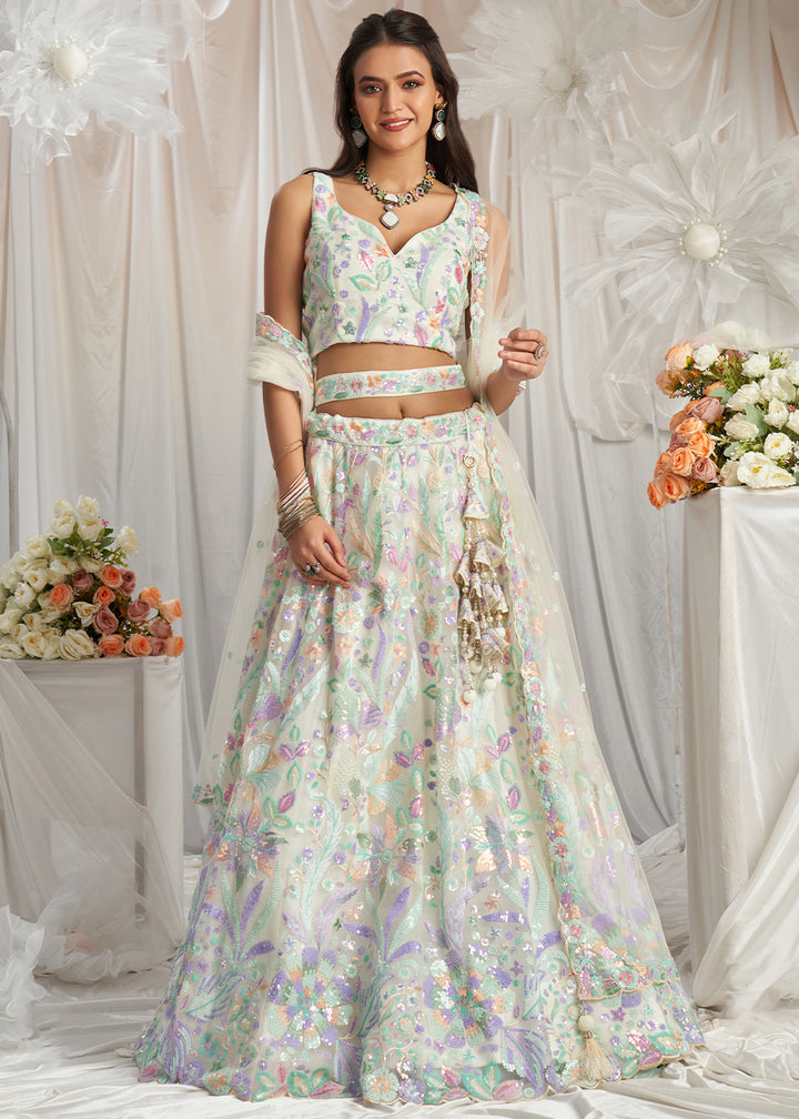 Pearl White Net Lehenga Choli Adorned with Sequins Embroidery Work