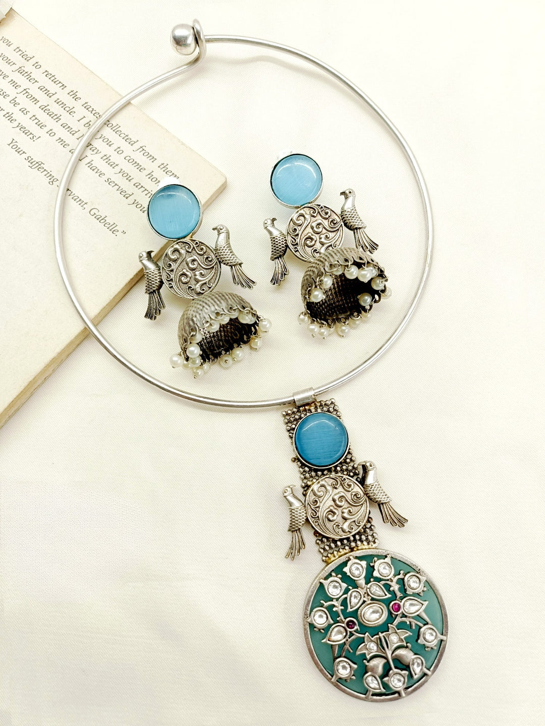 Venus Sky Blue Oxidized Hasli Style Necklace Set