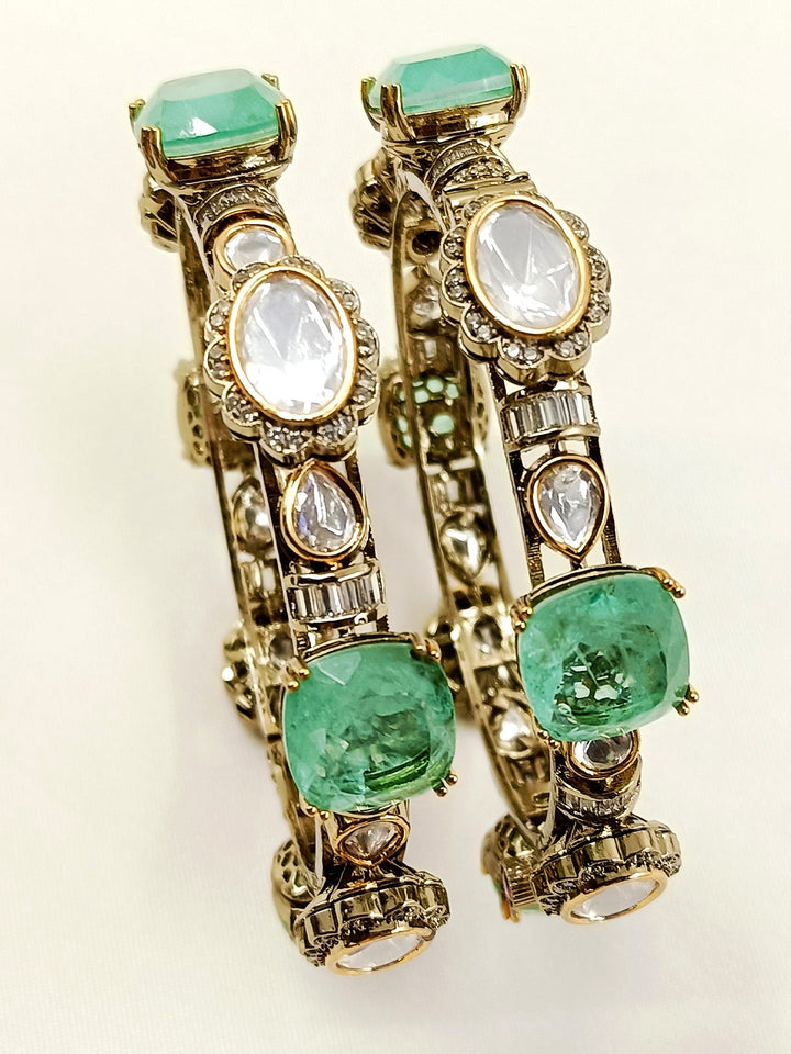 Malleshwari Mint Green Kundan Bangles - Antique Gold Plating