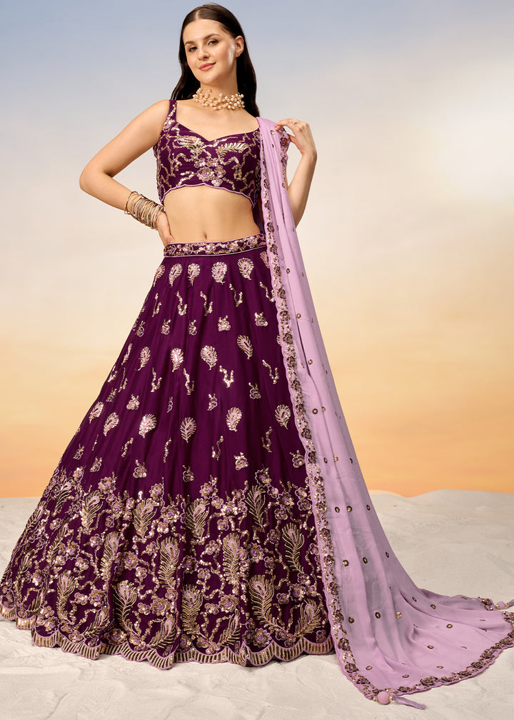 Eggplant Purple Georgette Lehenga Choli Adorned with Sequins Embroidery