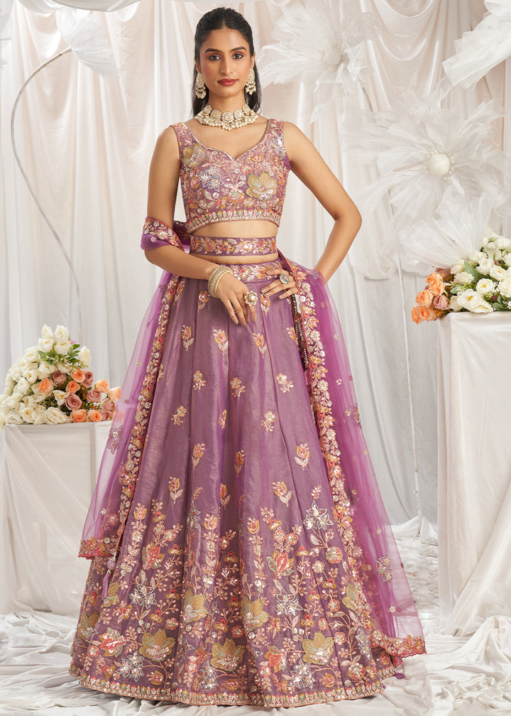 Lilac Purple Organza Lehenga Choli Adorned with Sequins Embroidery Work