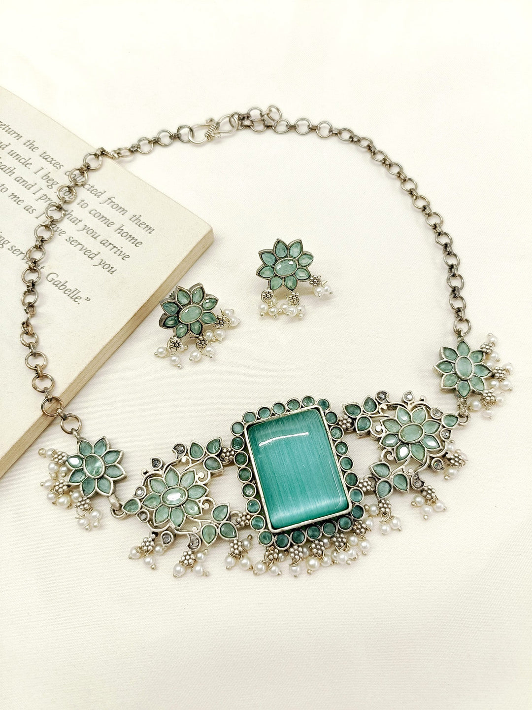 Bina Mint Green Oxidized Choker Set