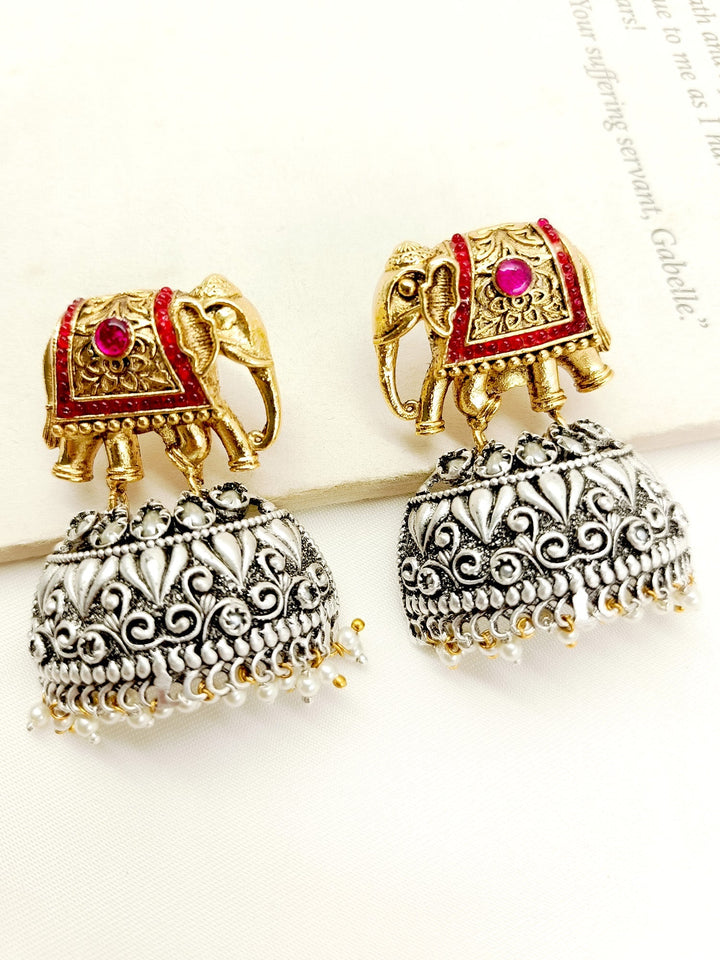 Ritvi Red Elephant Oxidized Earrings