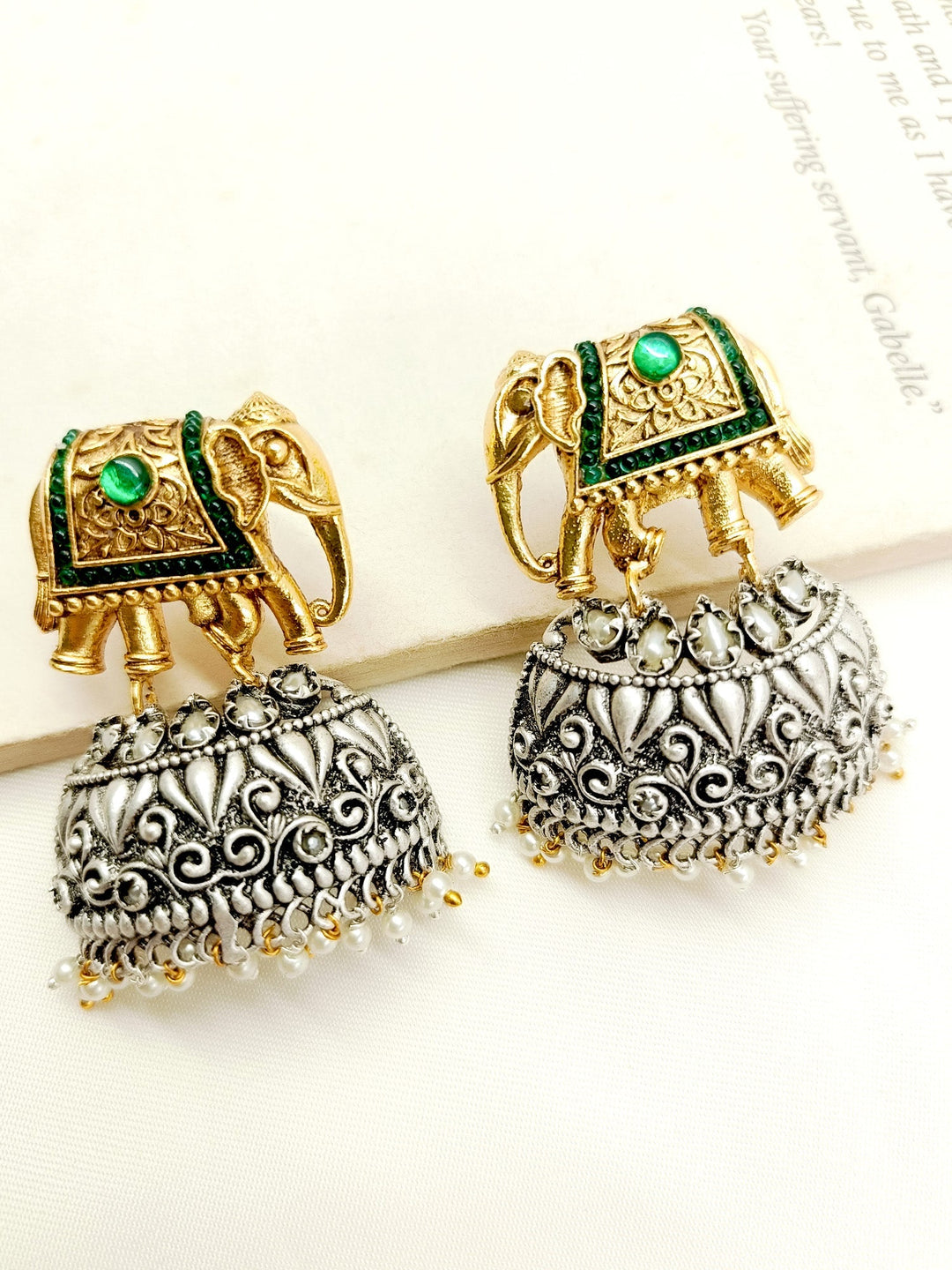 Baani Green Elephant Oxidized Earrings