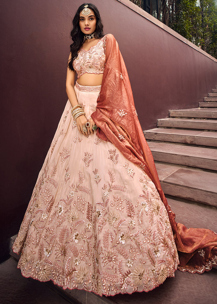 Rose Gold Pink Viscose Rayon Lehenga Choli Adorned with Sequins Embroidery Work