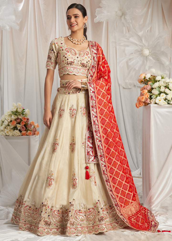 Cream White & Red Tissue Lehenga Choli Intricate with Gotapatti Embroidery Work