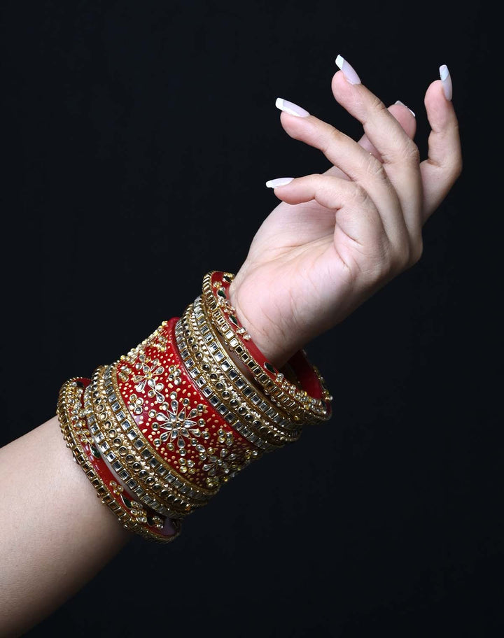 Mandakini Red Kada's With Fine Kundan And Stone Work Punjabi Chura