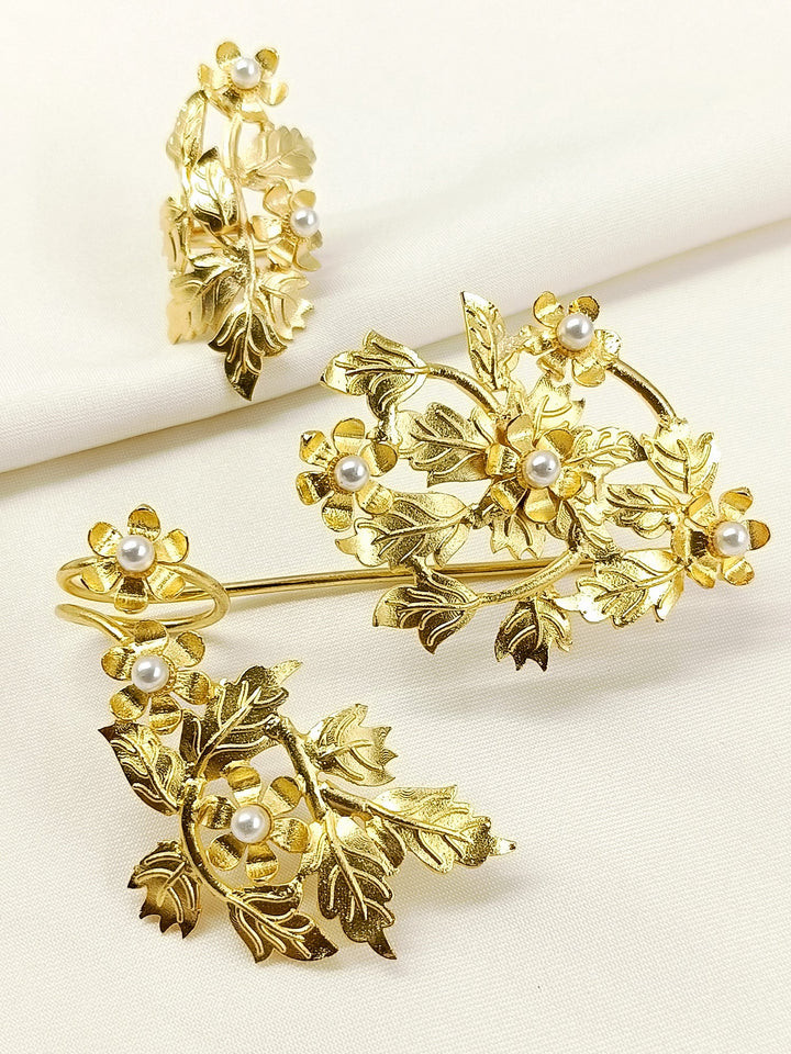Neya Golden Floral Hand Harness Palm Bracelet with Ring Combo