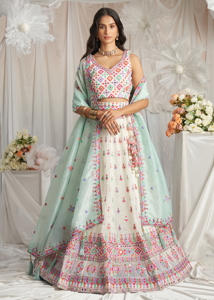 Cream White Organza Lehenga Choli Adorned with Sequins & Mirror Embroidery