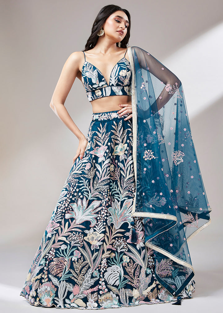 Yale Blue Net Lehenga Choli Adorned with Thread Embroidery and Sequins