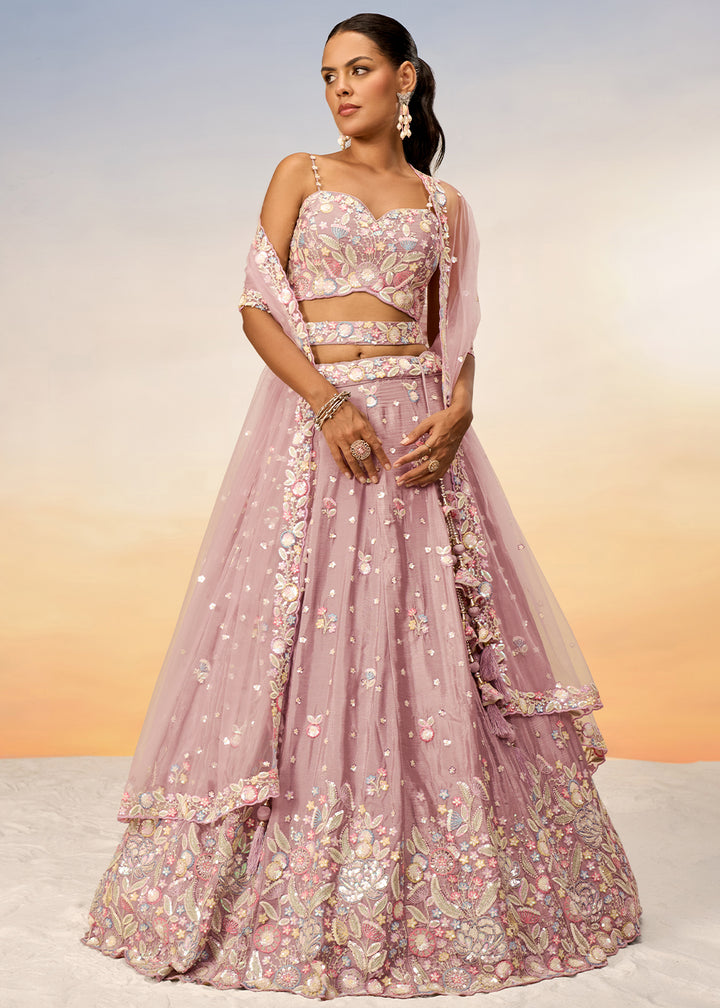 Rose Gold Pink Chiffon Lehenga Choli Adorned with Sequins & Thread Embroidery