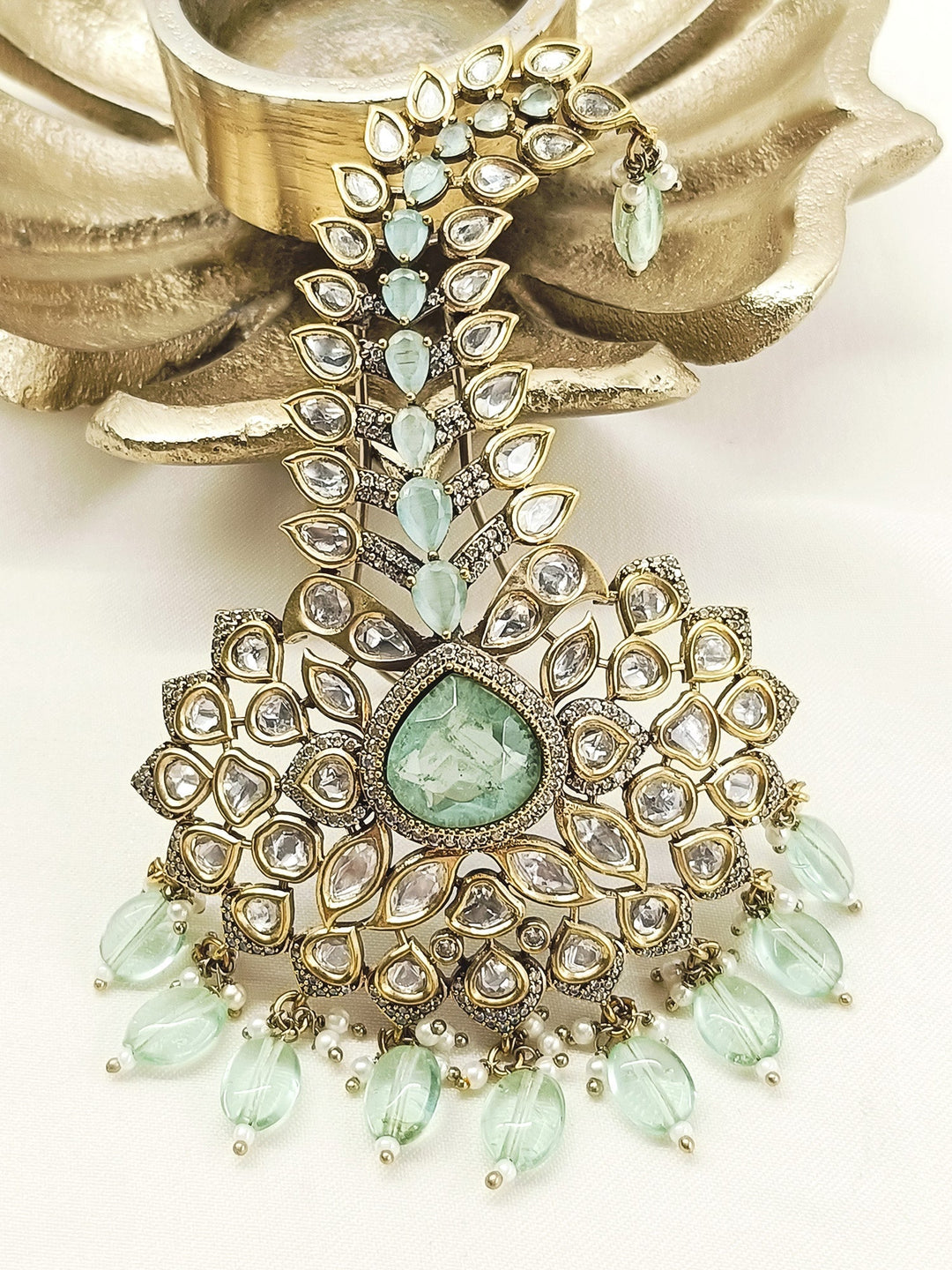 Sinha Mint Green Dulha Kalgi - 11 cm Antique Gold Plating