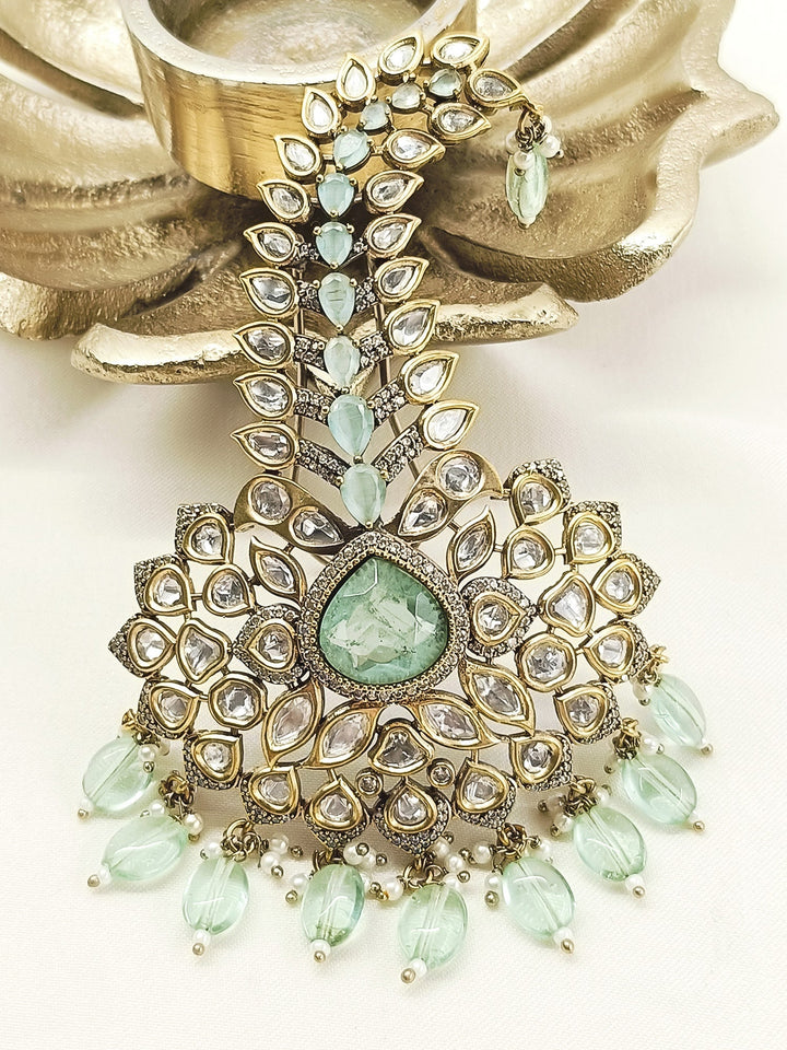 Sinha Mint Green Dulha Kalgi - 11 cm Antique Gold Plating