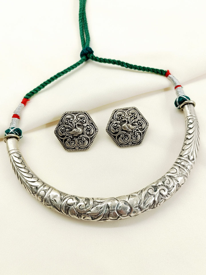 Kavya Green Tribal Oxidized Hasli Choker Set