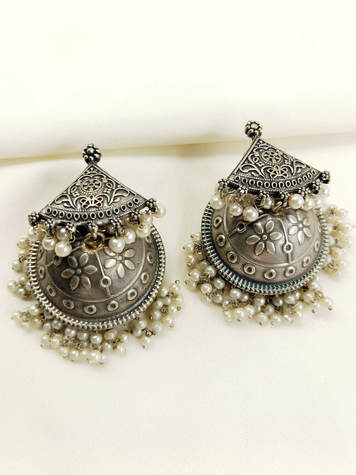 Chetaki White Pearl Oxidized Jhumki - Earrings