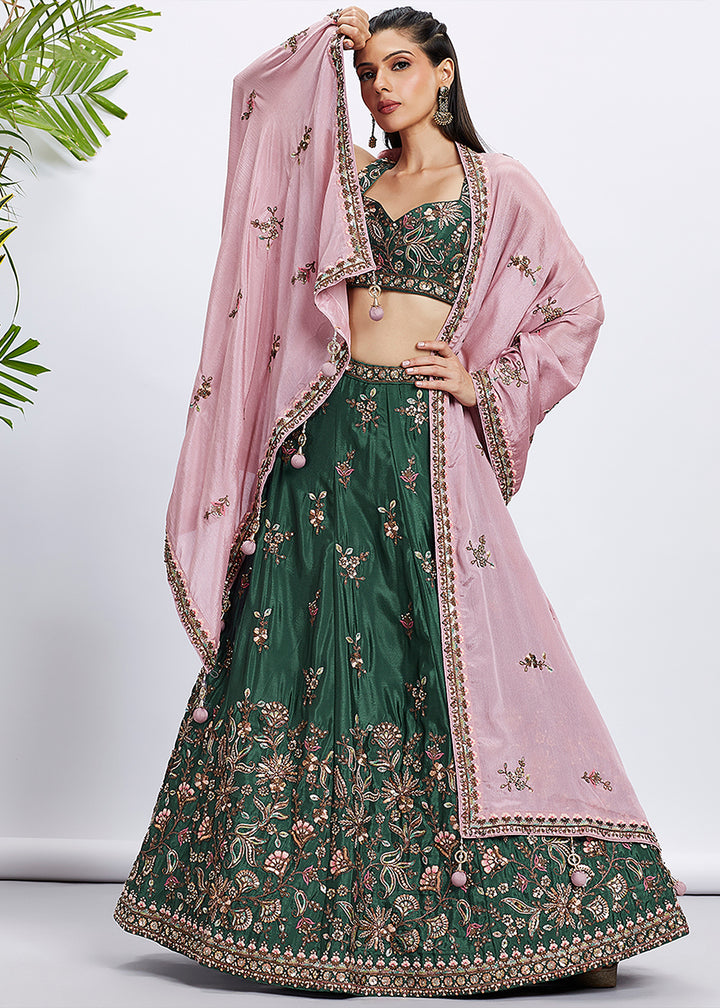 Dark Green Chiffon Lehenga Choli Adorned with Sequins & Thread Embroidery