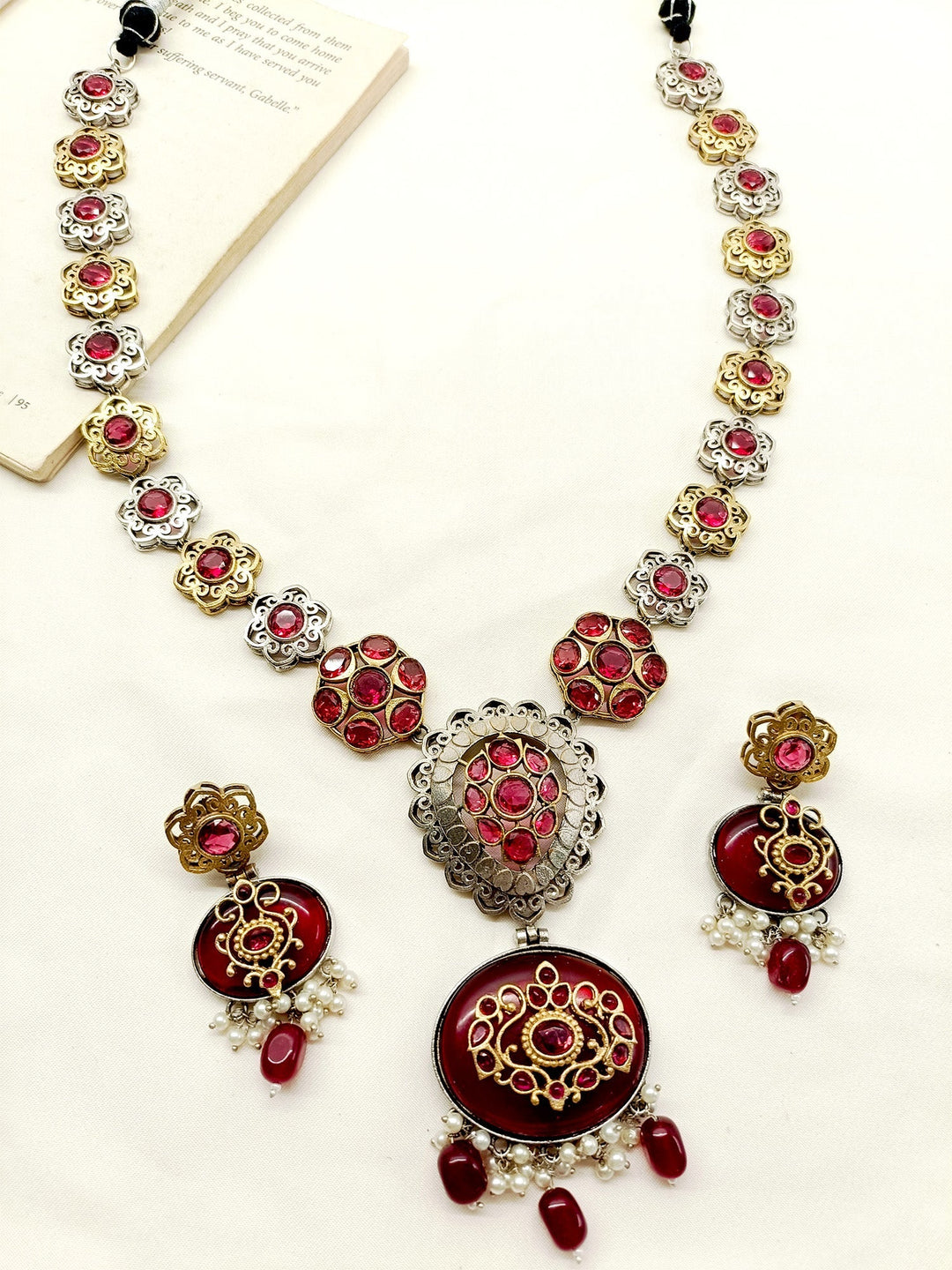 Tajaswini Maroon Long Oxidized Necklace Set