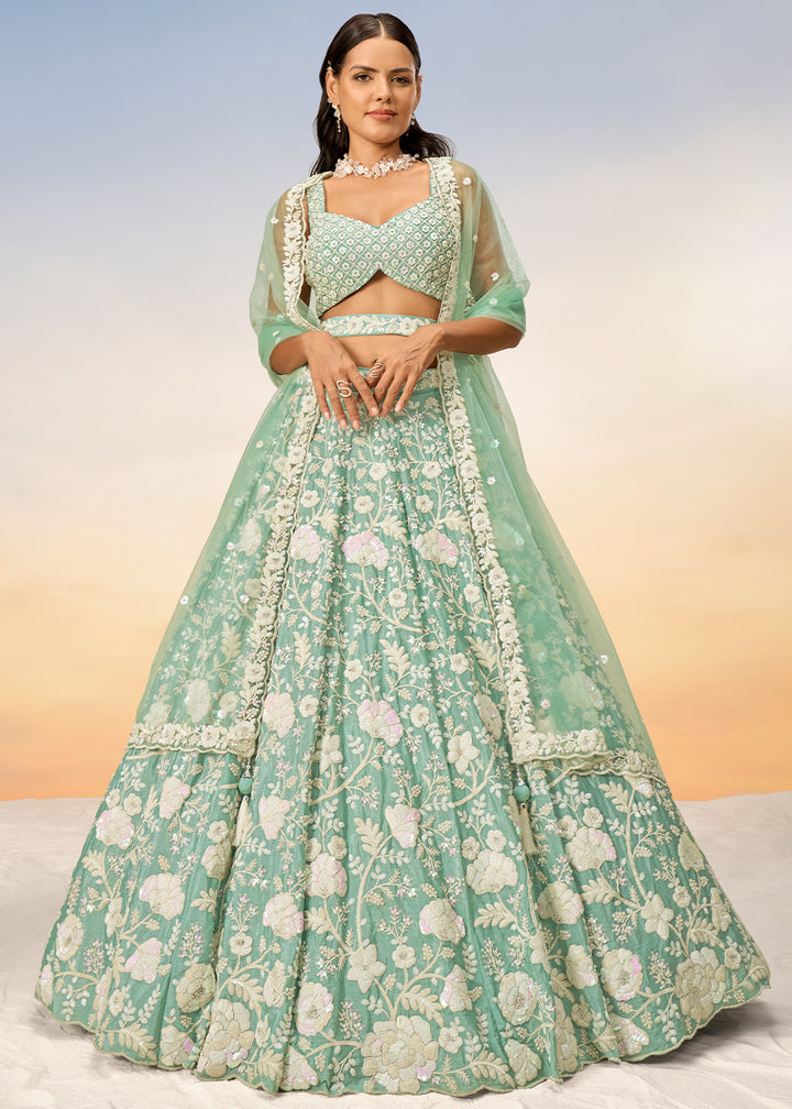 Pastel Green Georgette Lehenga Choli Highlighted with Sequins & Zarkan Embroidery