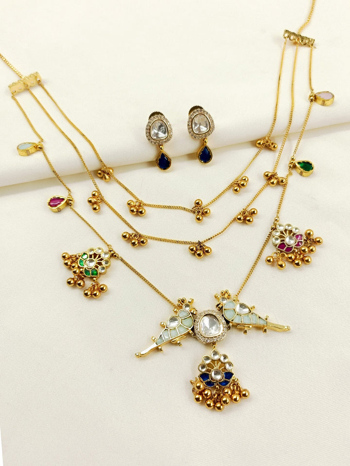 Hasini Mayura Multicolor 3 Layer Parrot Long Kundan Necklace Set
