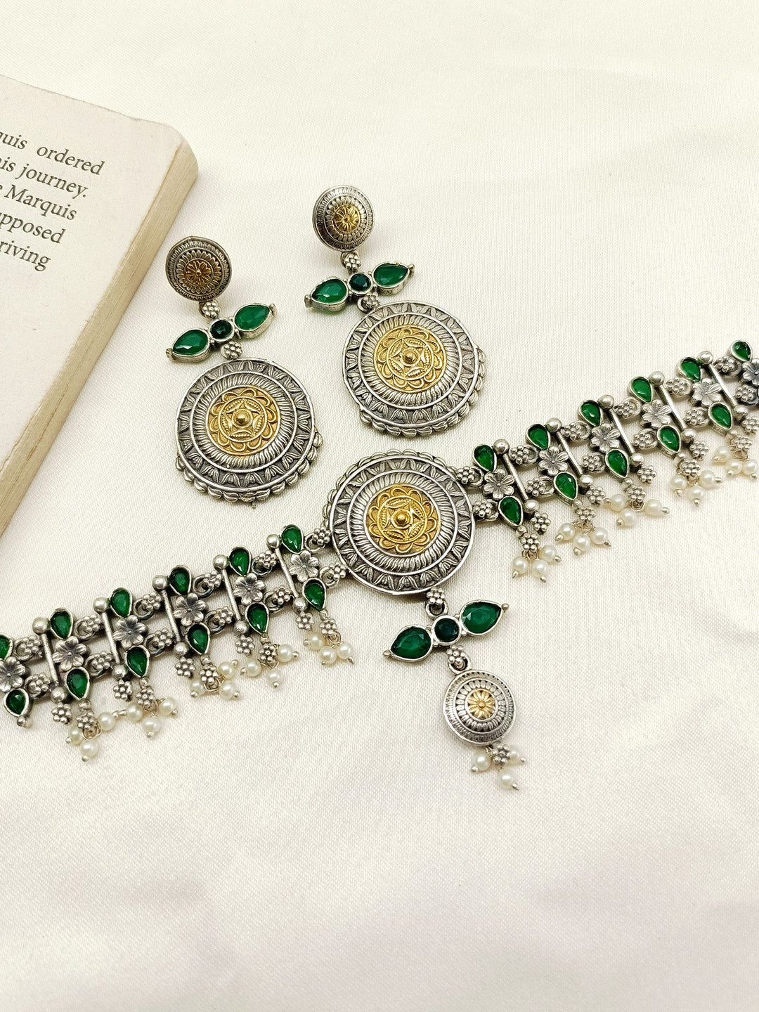 Dinaah Green Oxidized Choker Set