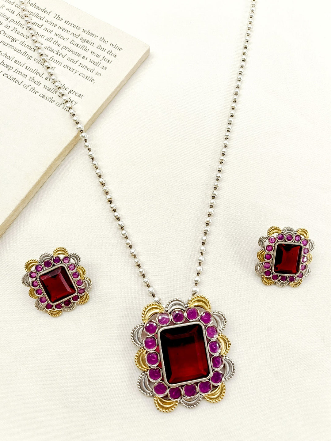 Rajamani Ruby Oxidized Pendant Set