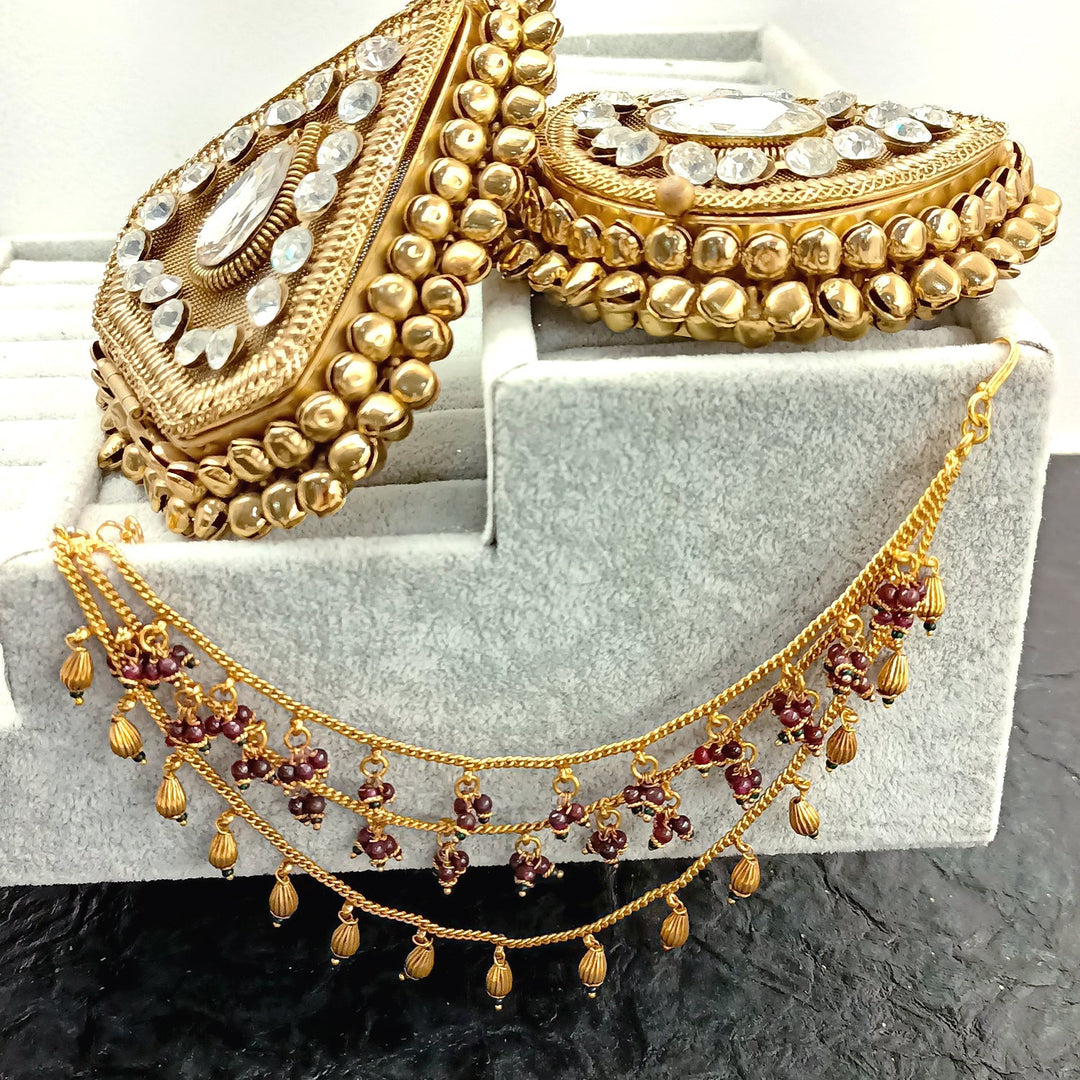 Tanishq Maroon & Green Antique Gold Ear Chain