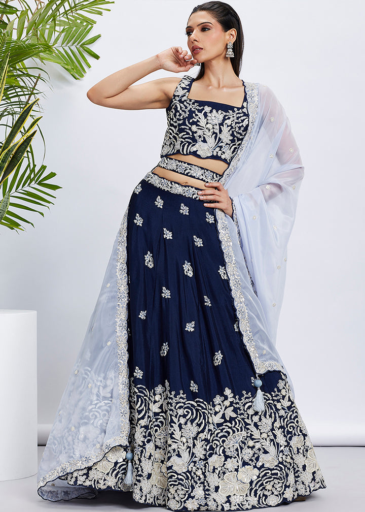 Berry Blue Georgette Lehenga Choli Adorned with Sequins & Thread Embroidery