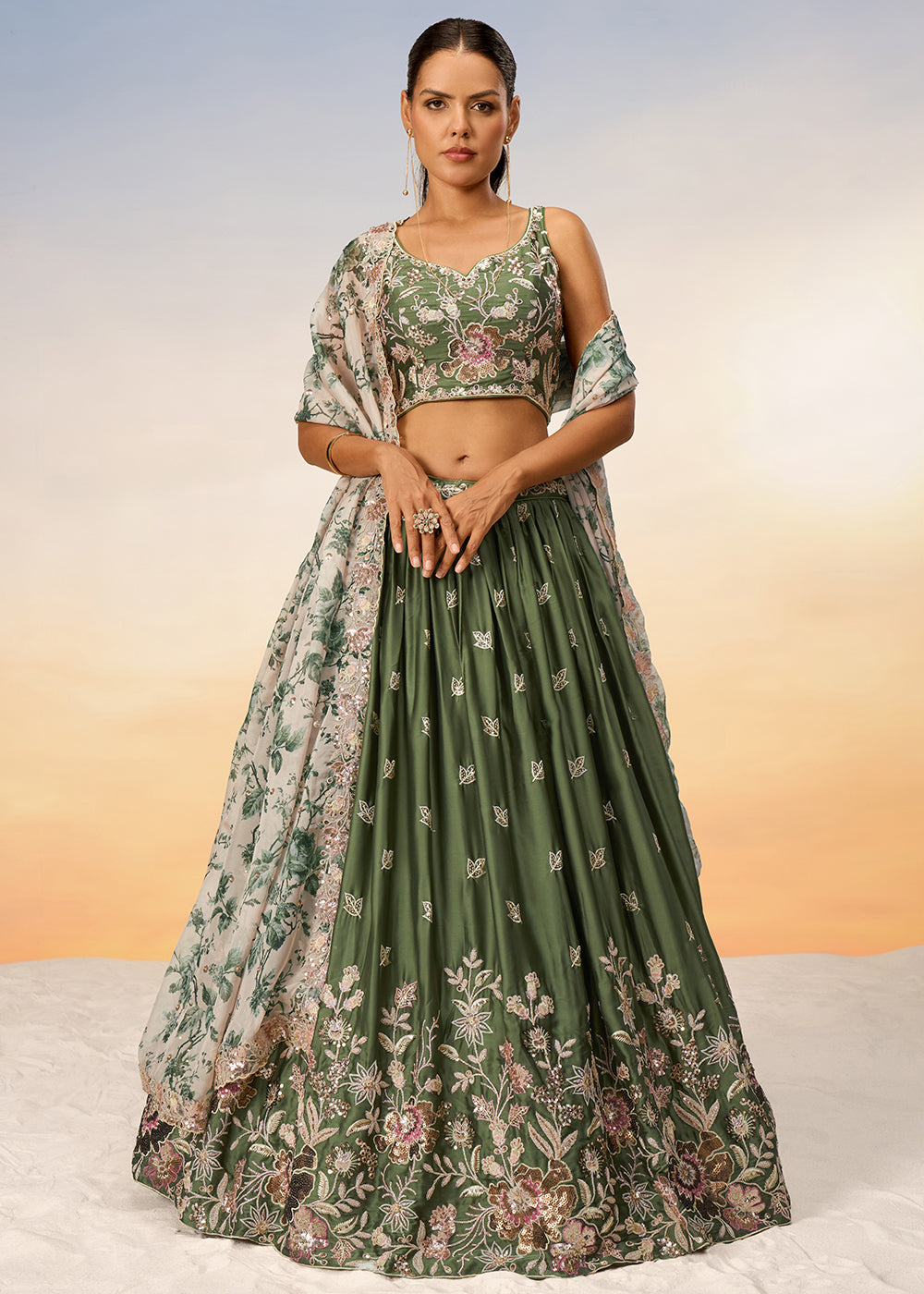 Olive Green Chiffon Lehenga Choli Adorned with Sequins Embroidery Work