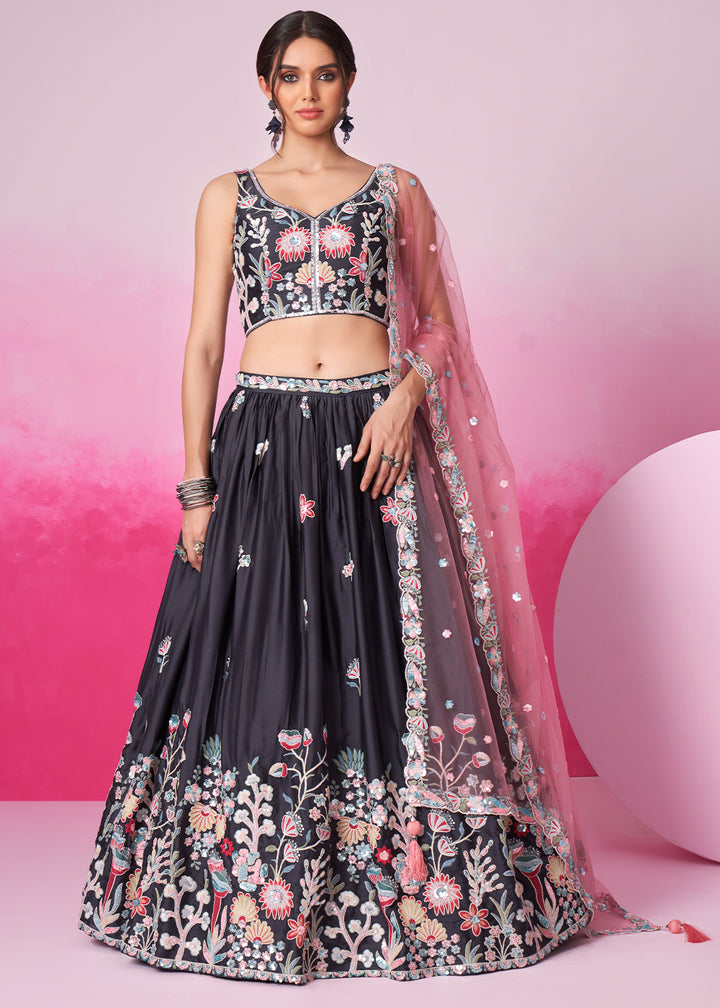 Jet Grey Satin Silk Lehenga Choli Adorned with Sequins Embroidery