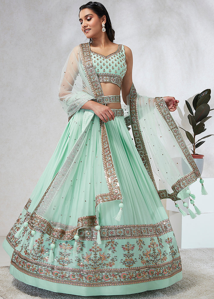 Mint Green Georgette Lehenga Choli Highlighted with Sequins & Thread Embroidery