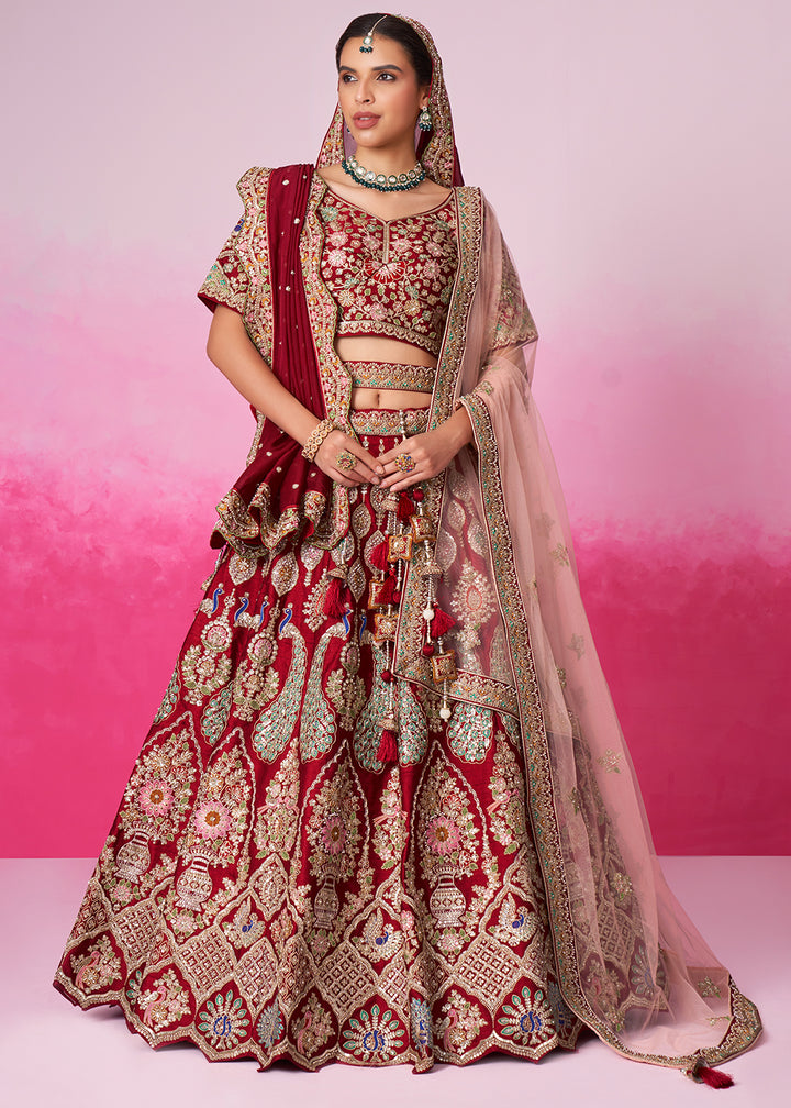 Maroon Red Silk Lehenga Choli Adorned with Moti & Sequins Embroidery Work: Bridal Collection