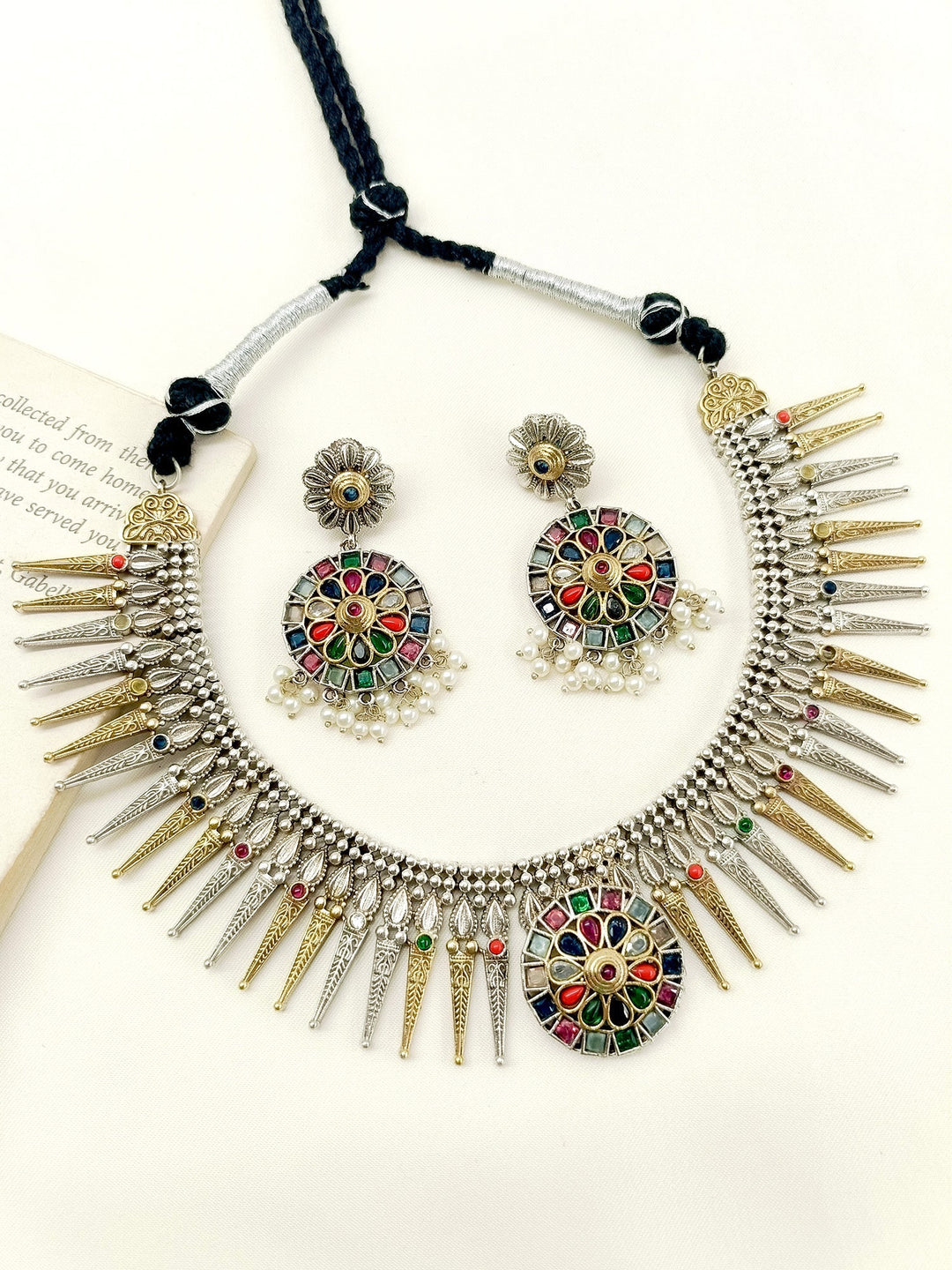 Indulekha Multi Colour German Silver Oxidized Necklace Set