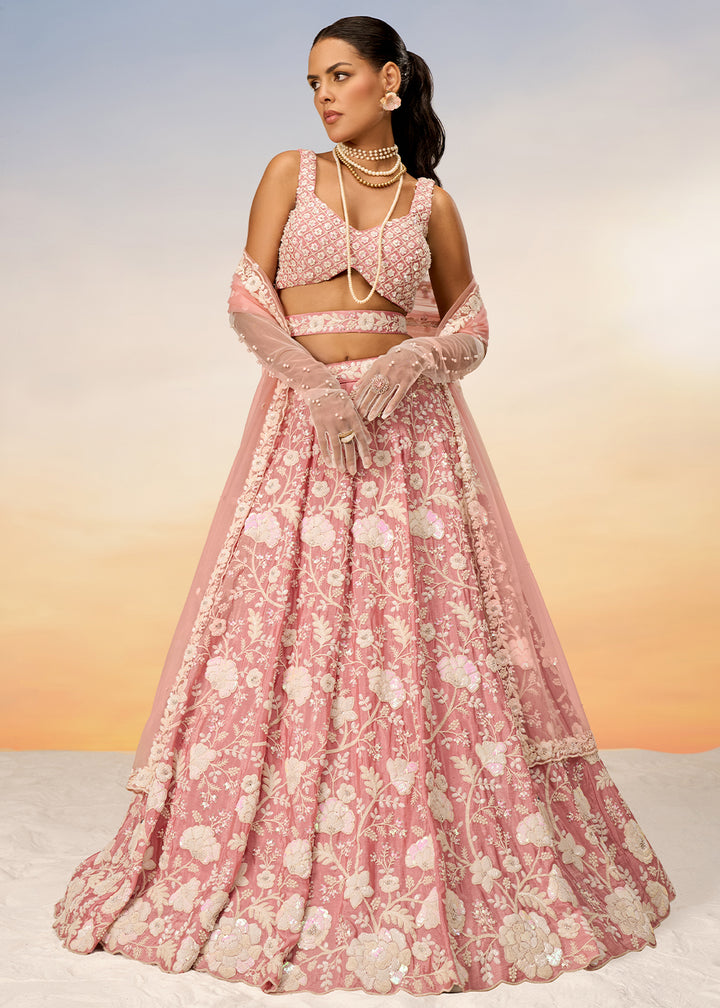 Peach Pink Georgette Lehenga Choli Highlighted with Sequins & Zarkan Embroidery